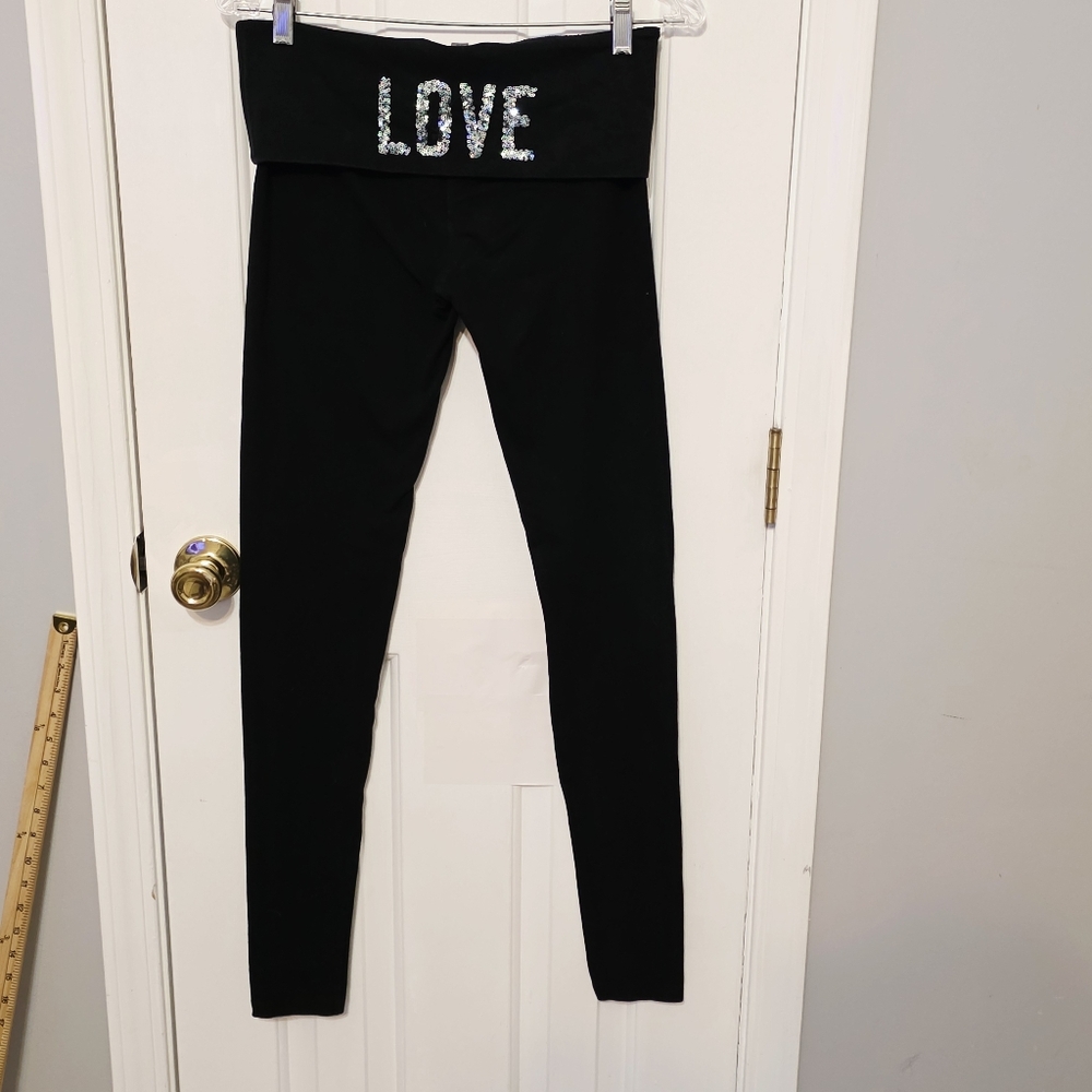 Victoria's Secret PINK Black LOVE Sequin High-Waisted Leggings Size Small